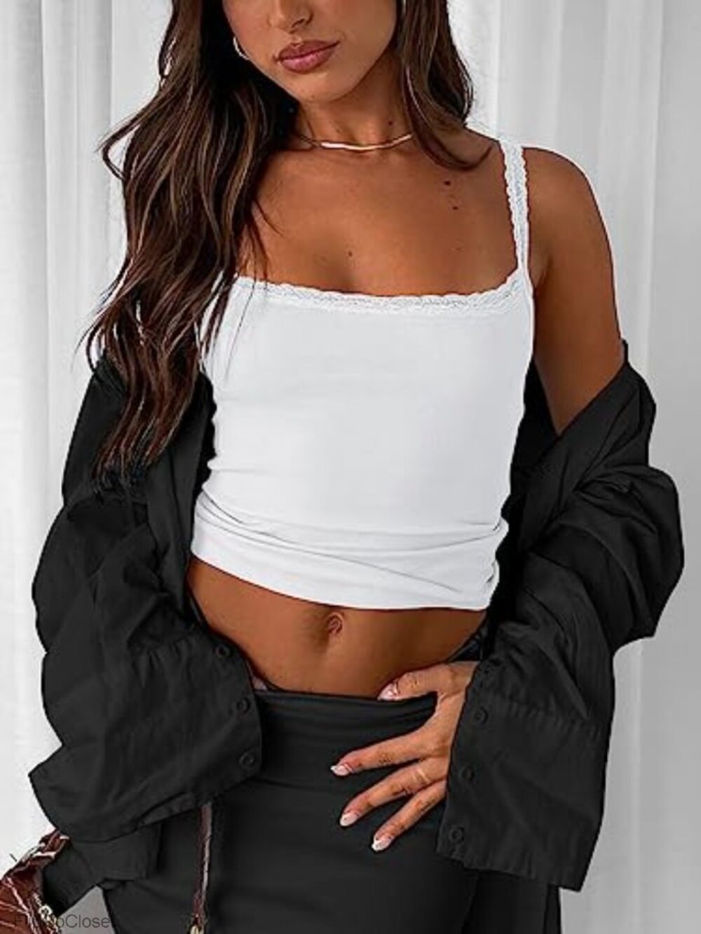 Sleeveless Lace Trim Camisole Tank Top Y2K Spaghetti Strap Ribbed Crop Cami - Picture 3 of 6